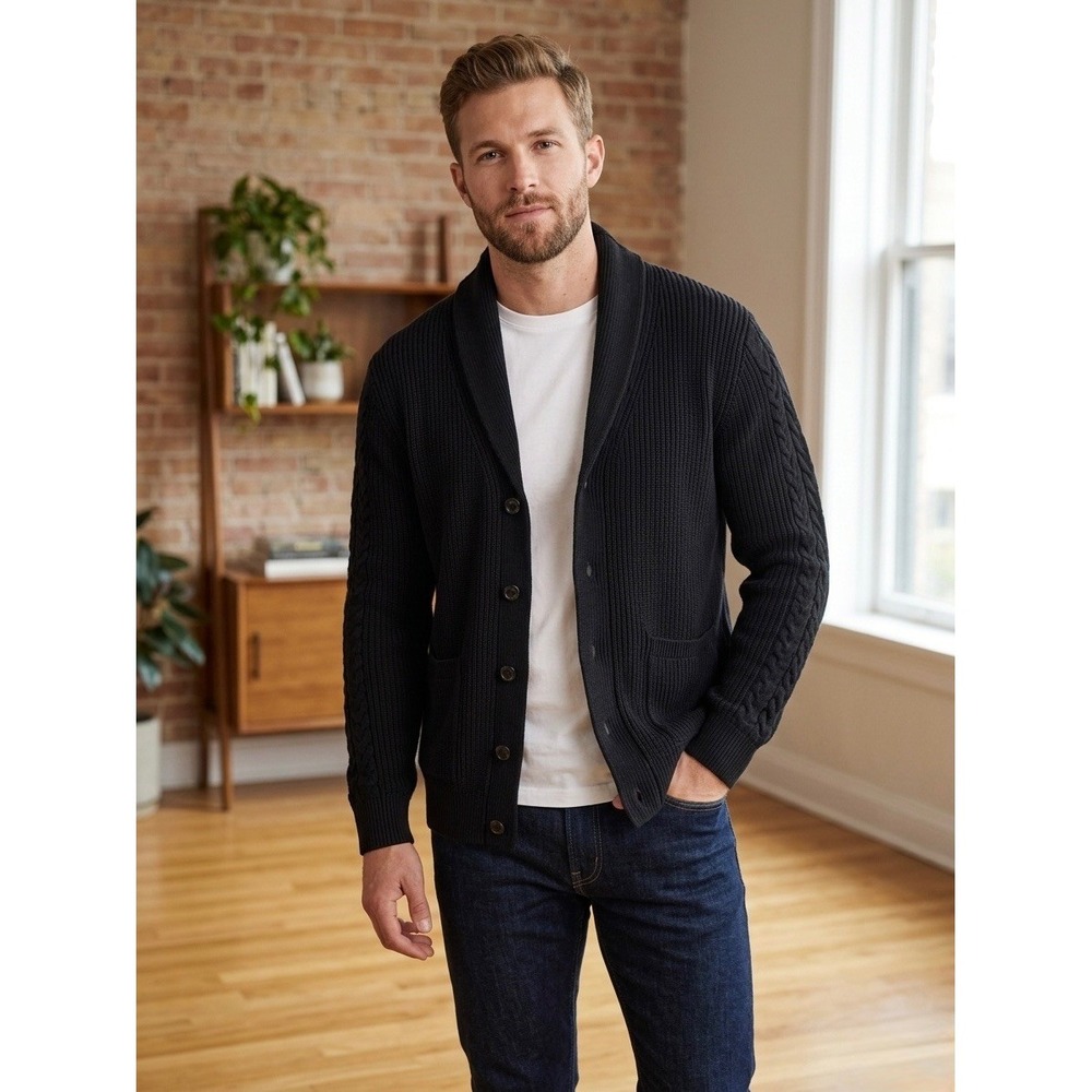 Quince Mens 100% Organic Cotton Ribbed Shawl Collar Cardigan Sweater Black M